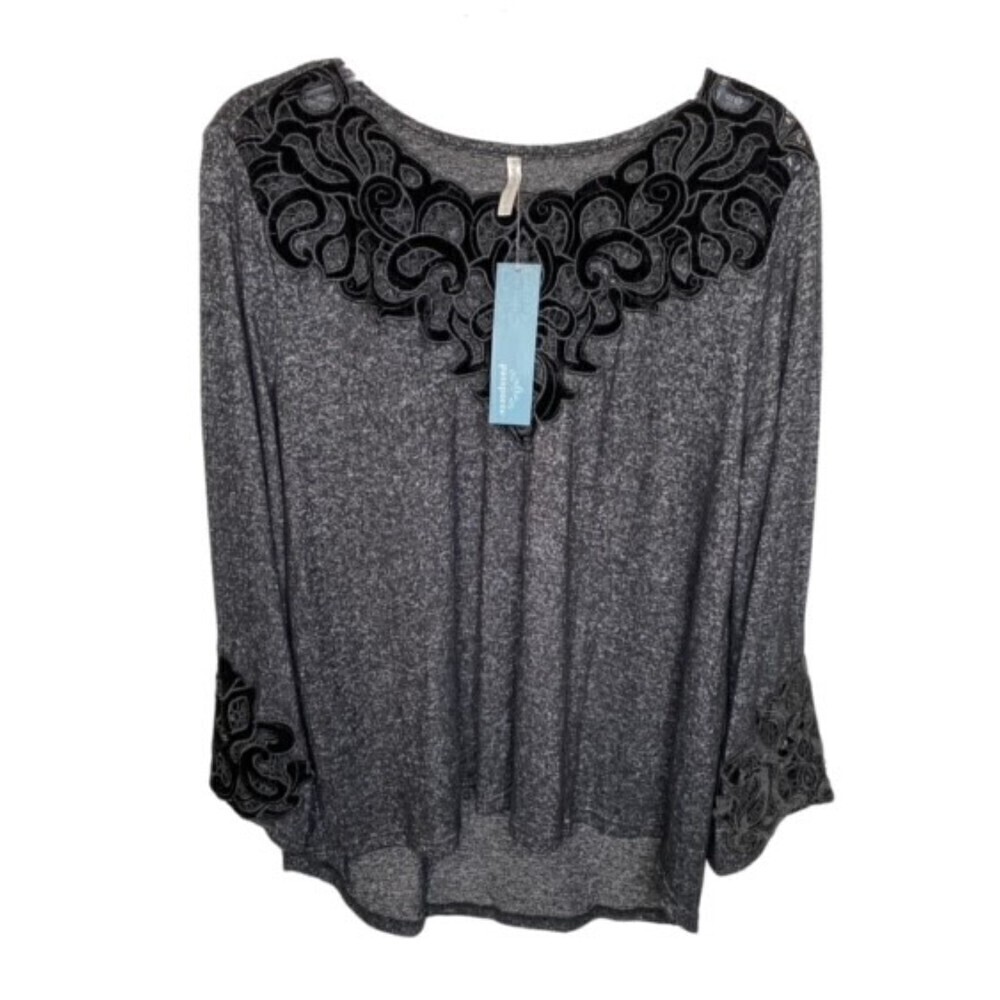 Passports Long Sleeve Velvet Detail Black/Gray Boho Top Small NWTs